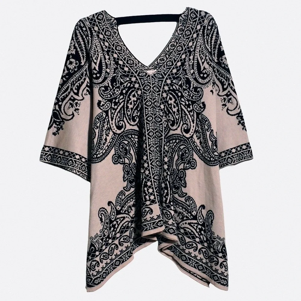 Flying Tomato Boho Chic XL 1X 2X‎ 3X Paisley Knit Poncho Sweater Beige Black
